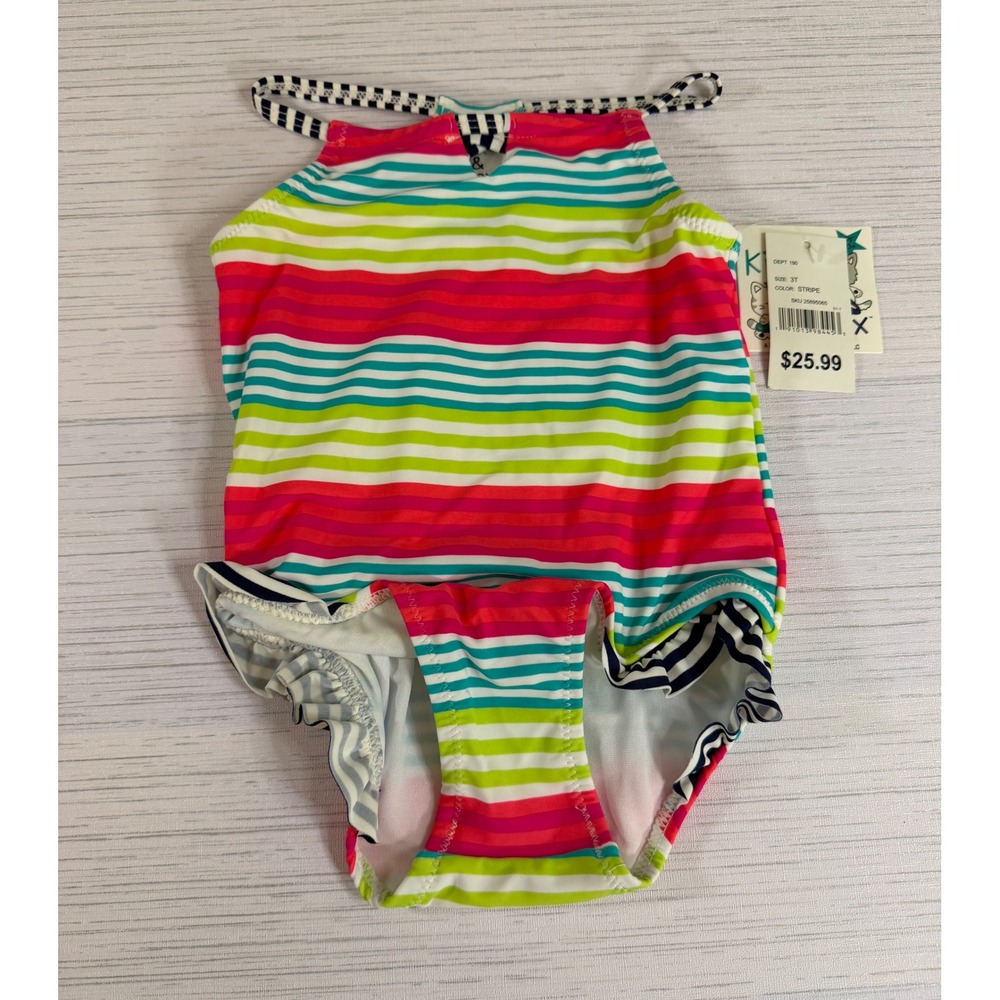 Kiko & Max Girls One Piece Swimsuit Multi Color Stripe Ruffle UPF 50+ Size 3T